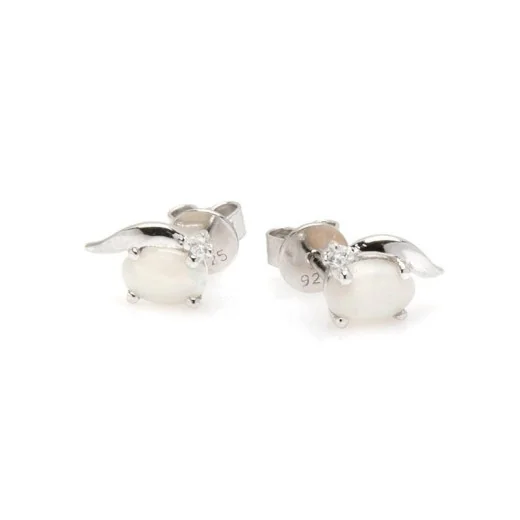 Stud earrings with oval opal and zirconium oxide, in rhodium-plated silver 925