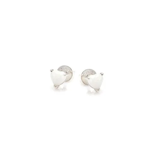 Heart stud earrings with natural white opal, in 925 rhodium silver