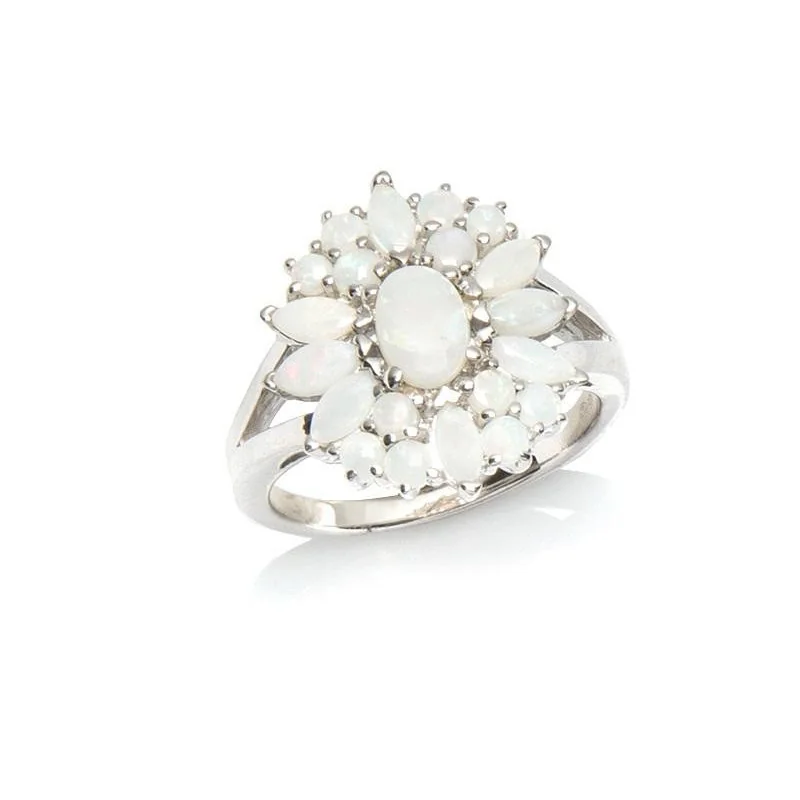 Ring with natural white opal from Australia, in 925 rhodium silver