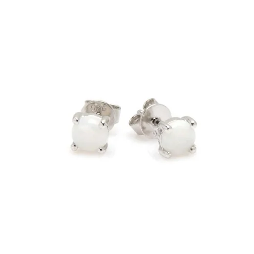 Stud earrings with round natural white opal, in 925 rhodium silver