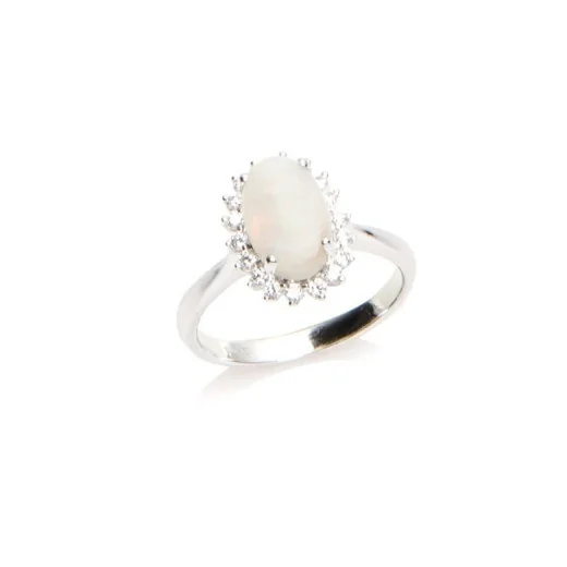 Ring with oval opal and zirconium oxide, in rhodium-plated silver 925