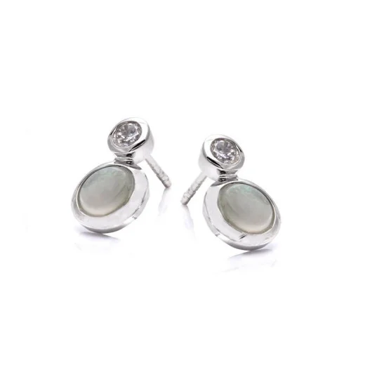 Stud earrings with round opal and zirconium oxide, in rhodium-plated silver 925