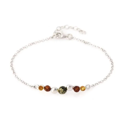 Bracelet with round multi-colored amber, in 925 rhodium silver, length 18+3 cm