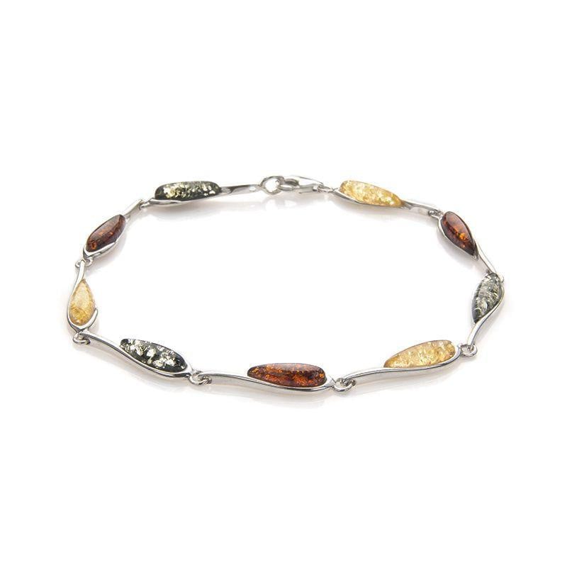 Bracciale in ambra baltica multicolore goccia, argento rodiato 925, 20 cm