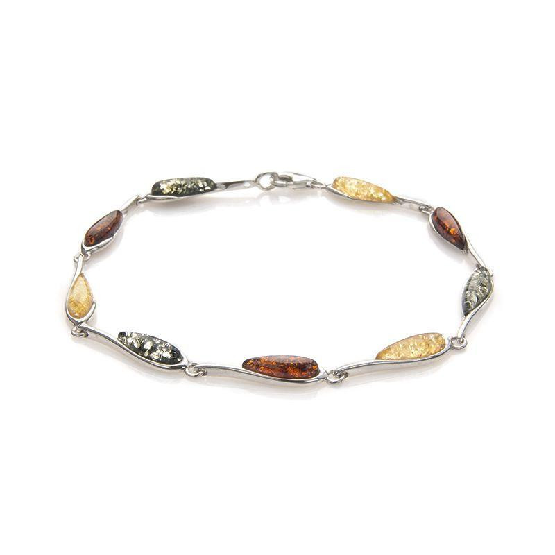 Bracciale in ambra baltica multicolore goccia, argento rodiato 925, 20 cm