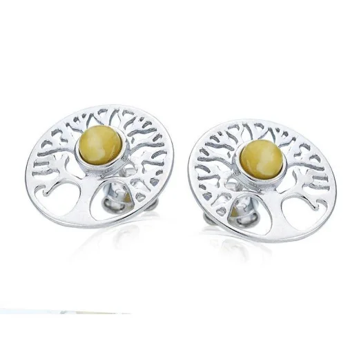 Tree of life stud earrings with round natural honey amber, in 925 rhodium silver