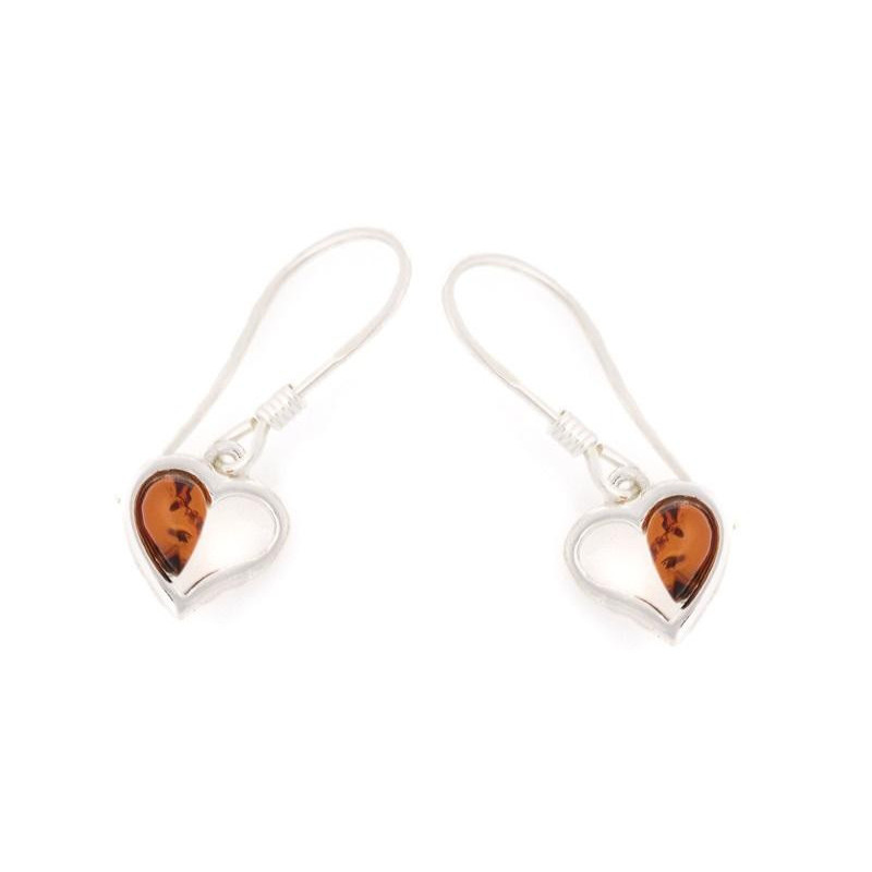 Orecchini cuore in ambra baltica cognac naturale, in argento rodiato 925 — foto 1