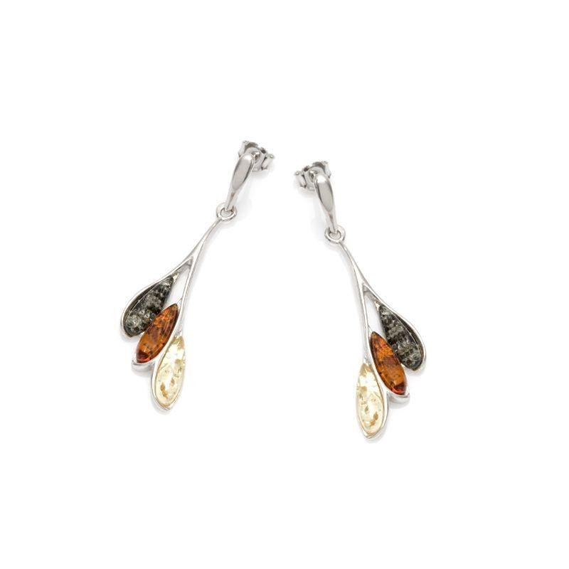 Orecchini pendenti in ambra baltica multicolore, argento rodiato 925, 1x4,5 cm — foto 1