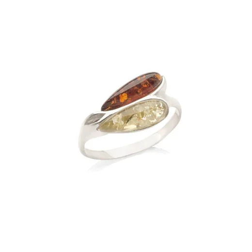 Ring with multi-colored Baltic amber drop, in rhodium-plated silver 925