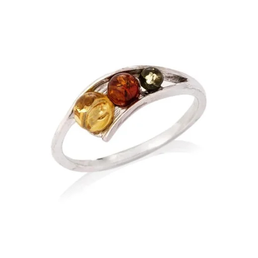 Ring with multi-colored Baltic amber ball, in 925 rhodium-plated silver