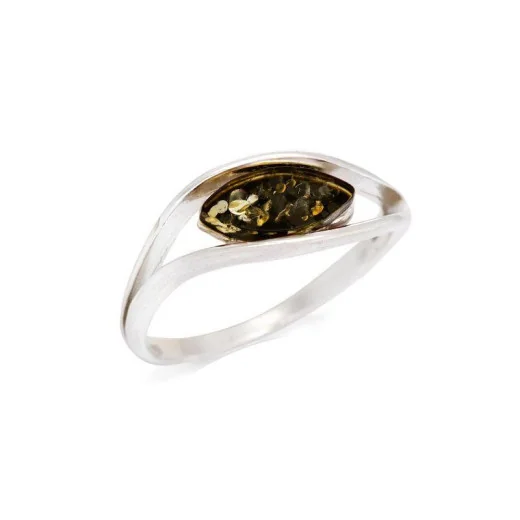 Ring with natural green amber from the Baltic Sea, in rhodium-plated silver 925