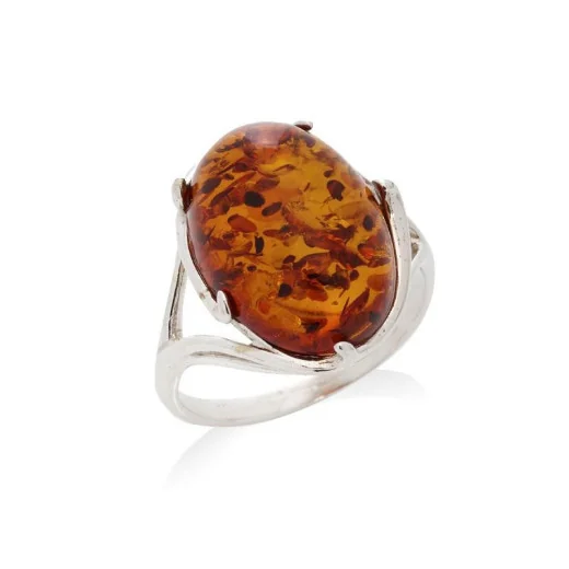 Ring with natural cognac amber from the Baltic Sea, in rhodium-plated silver 925