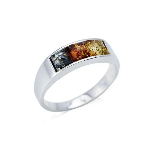 Ring with multi-colored Baltic amber square, in 925 rhodium silver