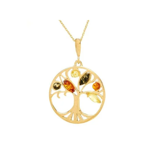 Tree of life pendant with multi-colored amber, 925 gold plated silver, 2.5+1 cm