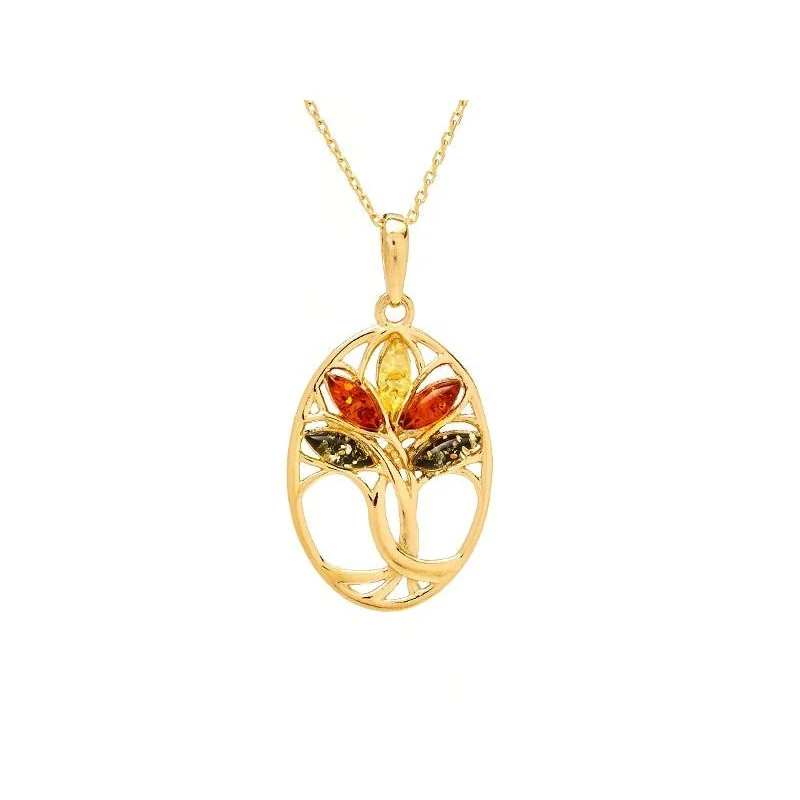 Tree of life pendant with multi-colored amber, 925 gold plated silver, height 2.5+1 cm