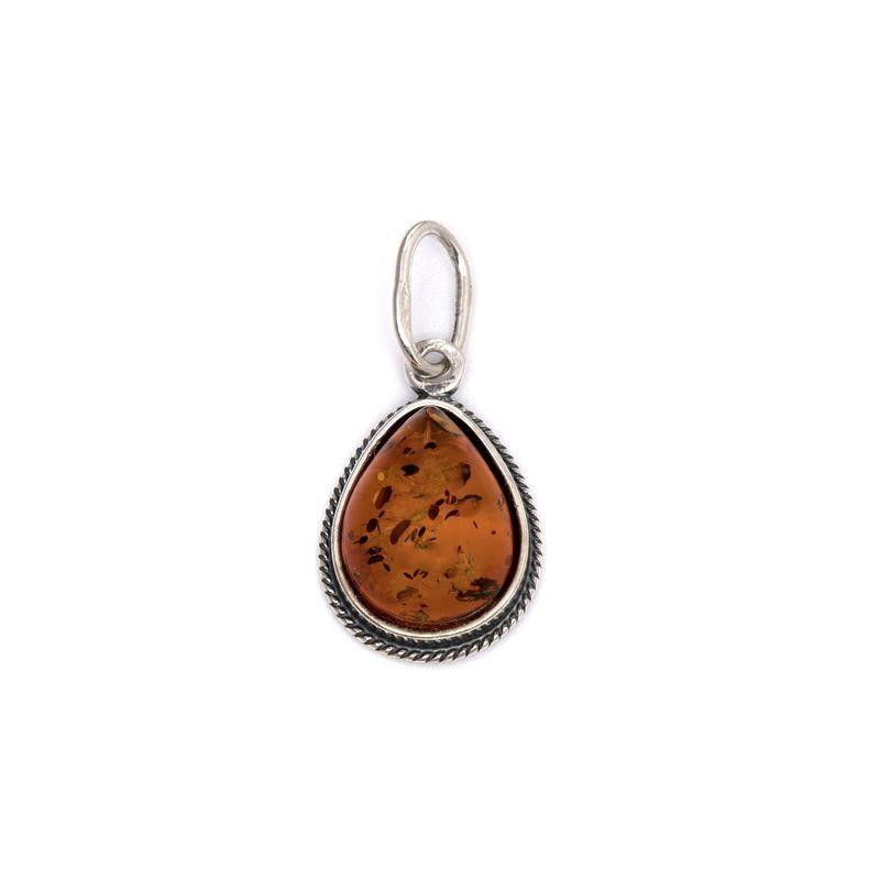 Ciondolo goccia in ambra baltica cognac naturale, argento brunito 925, 10x12 mm — foto 1