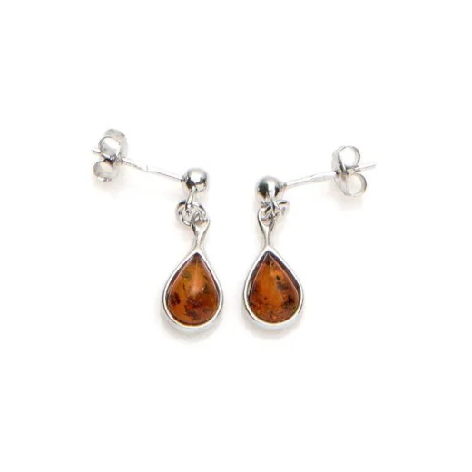 Drop earrings with cognac amber, in 925 rhodium silver