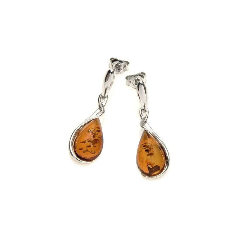 Drop earrings with cognac amber, in 925 rhodium silver