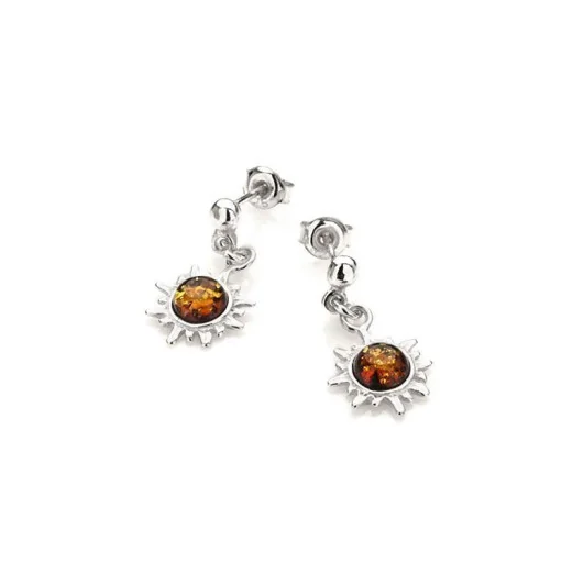 Sun drop earrings with cognac amber, in 925 rhodium silver