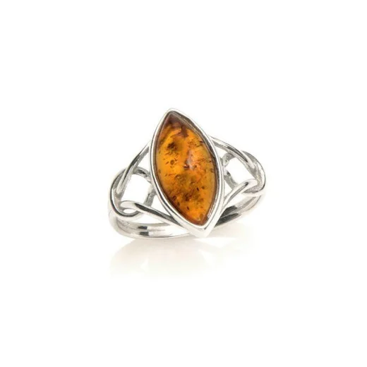 Ring with cognac amber from the Baltic Sea navette, in rhodium-plated silver 925