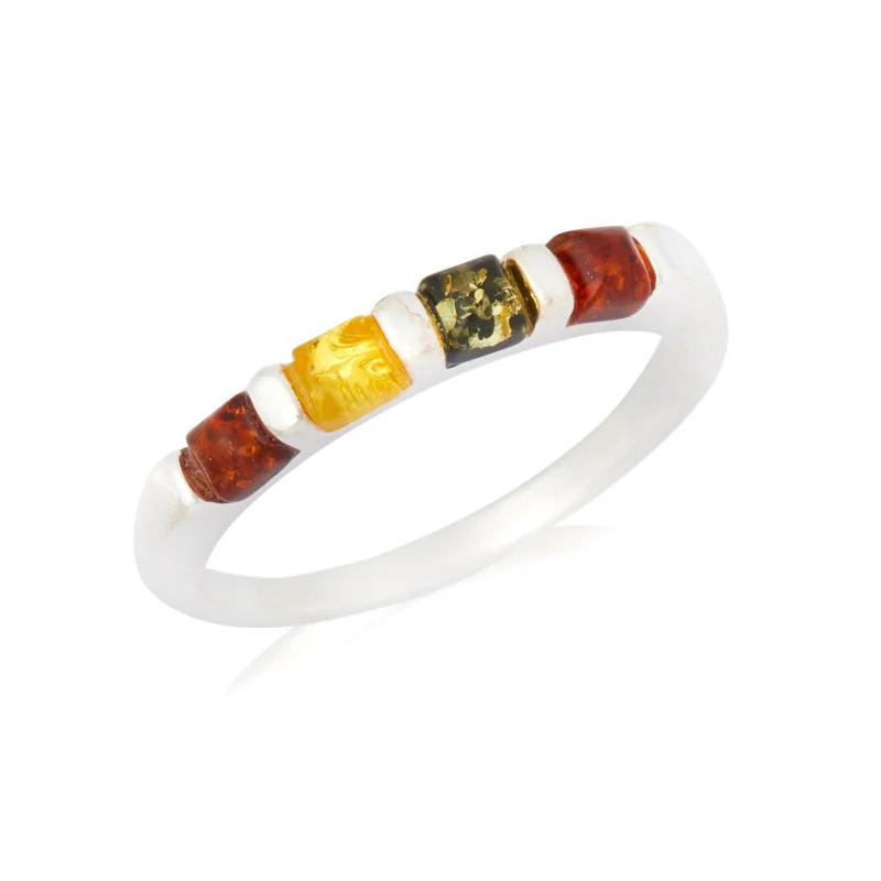 Ring with multi-colored Baltic amber square, in 925 rhodium silver