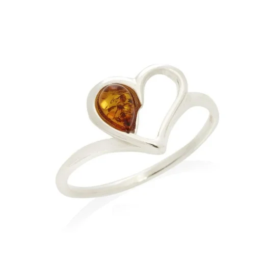 Heart ring with natural cognac amber drop, in 925 rhodium silver