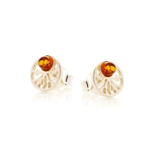 Tree of life stud earrings with round natural cognac amber, 925 rhodium silver