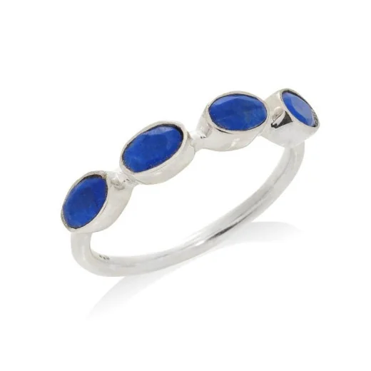 Ring with natural blue lapis lazuli, in rhodium-plated silver 925