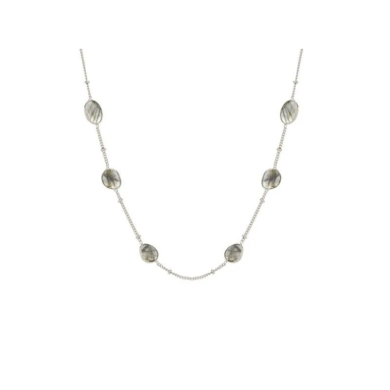 Necklace with multi-colored labradorite, in 925 rhodium silver, length 42 + 5 cm