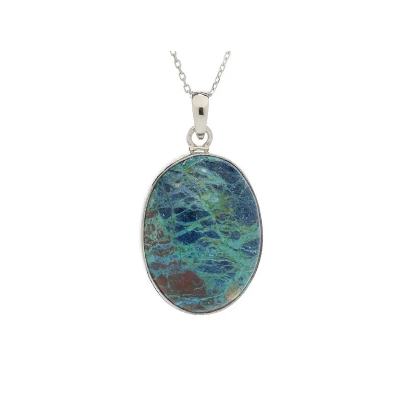 Oval pendant with blue shattuckite, in rhodium-plated silver 925, height 2.5+0.8 cm