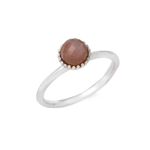 Ring with natural pink moonstone ball, in rhodium silver 925