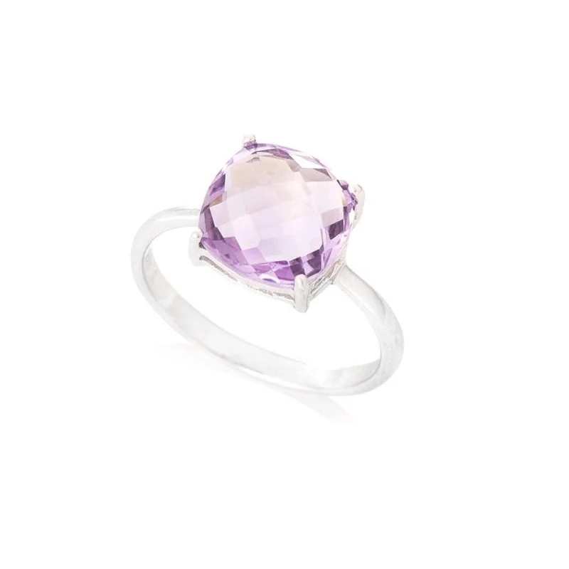 Ring with natural purple amethyst, in rhodium-plated silver 925