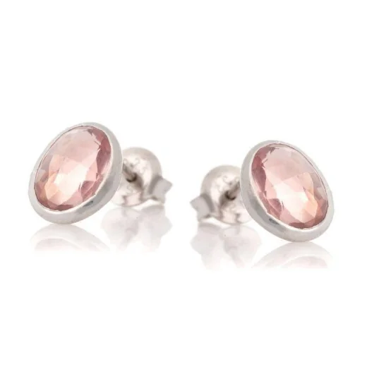 Earrings with natural oval rose quartz, in 925 rhodium silver