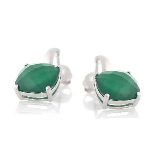 Earrings with natural green onyx cushion, in 925 rhodium silver