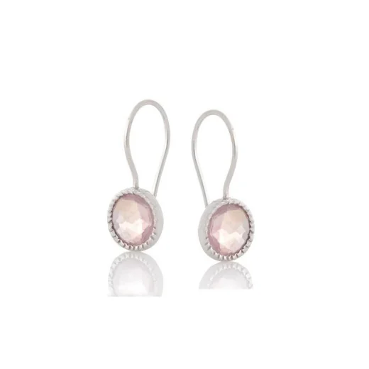 Earrings with round natural rose quartz, in 925 rhodium silver