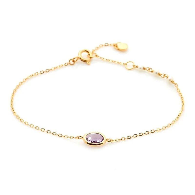 Bracelet with oval amethyst and pearls, in 925 gold plated silver, length 15+3 cm