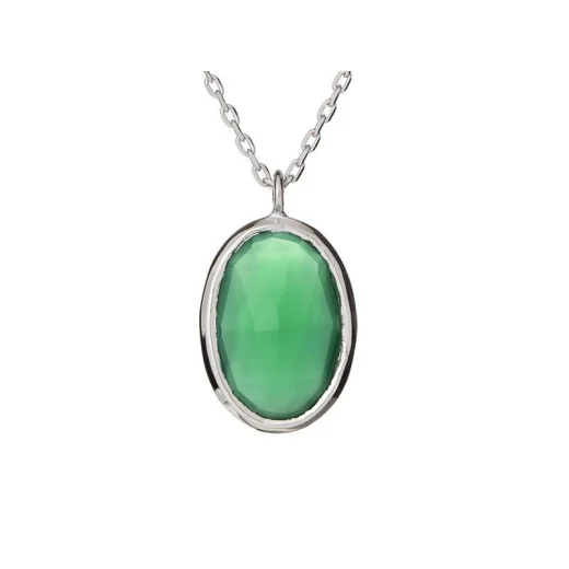 Necklace with natural oval green onyx, in 925 rhodium silver, length 42 + 3 cm