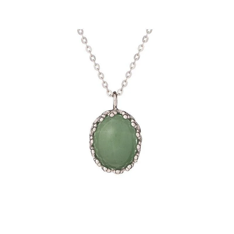 Necklace with oval green aventurine, in 925 rhodium silver, length 42 + 3 cm