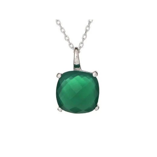 Necklace with natural green onyx cushion, in 925 rhodium silver, length 42 + 3 cm