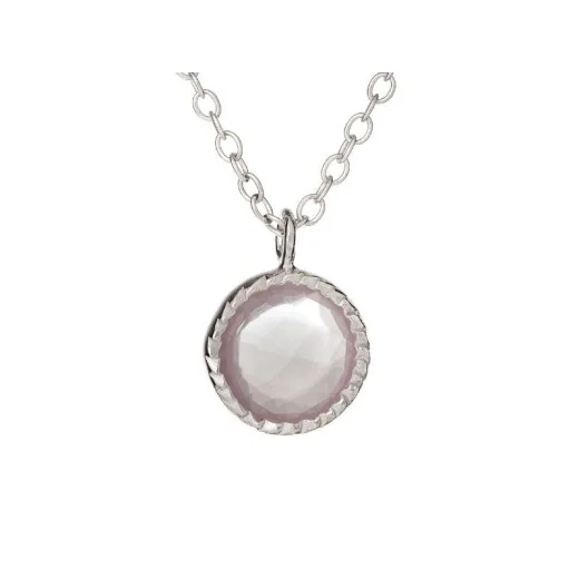 Necklace with round natural rose quartz, in 925 rhodium silver, length 42+3cm