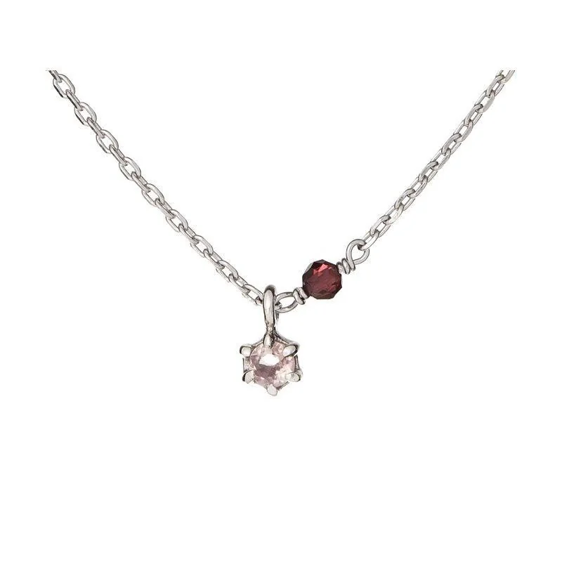 Necklace with rose quartz and garnet, in 925 rhodium silver, length 42 + 3 cm