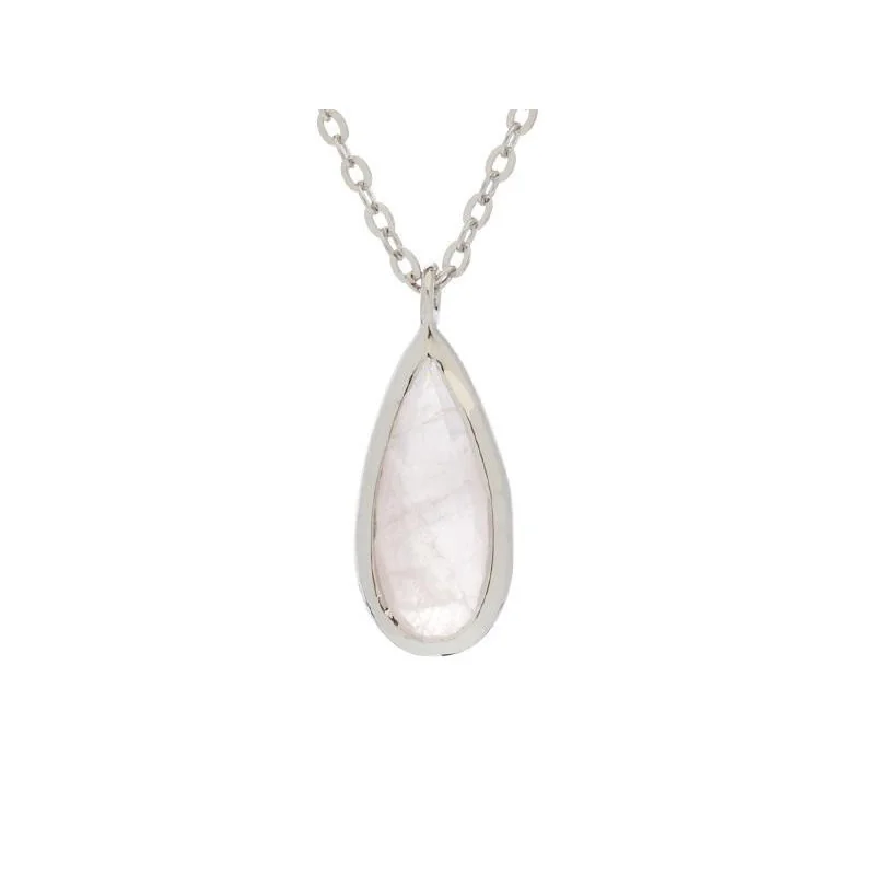 Necklace with drop rose quartz, in 925 rhodium silver, length 42 + 3 cm