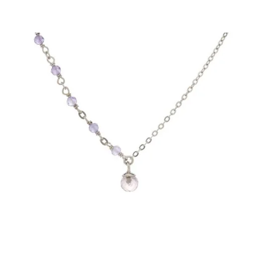 Necklace with amethyst and rose quartz, in 925 rhodium silver, length 42 + 3 cm