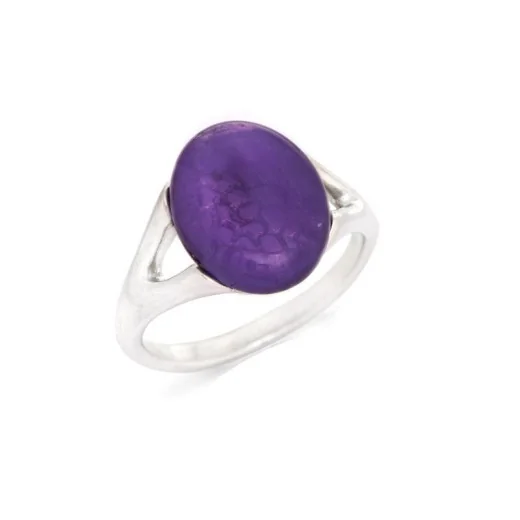 Ring with natural oval purple amethyst, in 925 rhodium silver