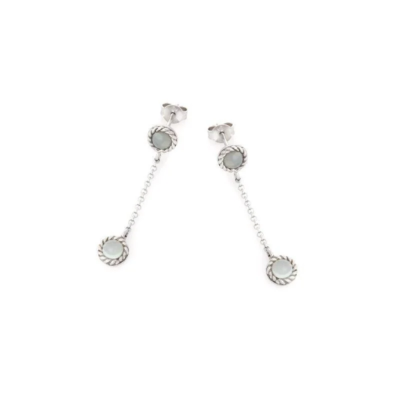 Round dangling earrings with aqua tinted agate, in rhodium-plated 925 silver