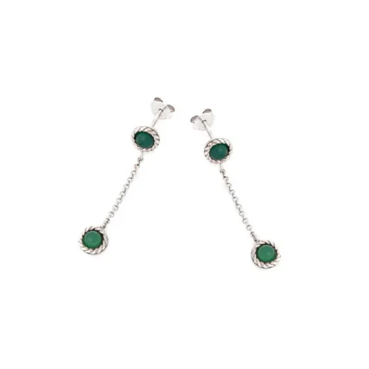 Round dangling earrings with tinted green agate, 925 rhodium silver