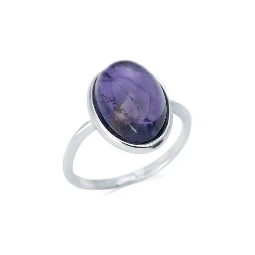 Ring with natural oval purple amethyst, in 925 rhodium silver