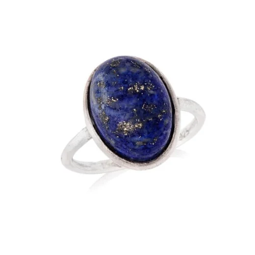 Ring with natural oval blue lapis lazuli, in 925 rhodium silver