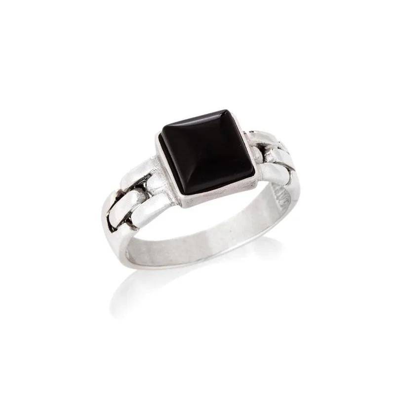 Signet ring with square natural black onyx, in 925 rhodium silver