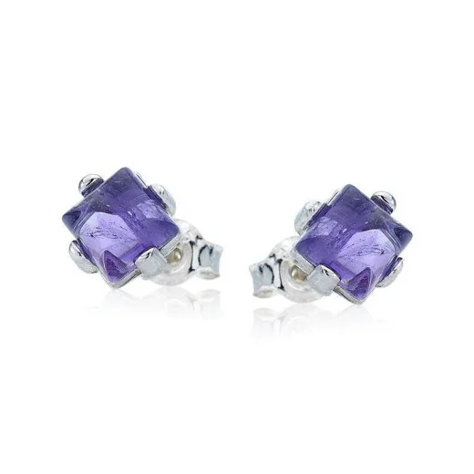 Square natural purple amethyst stud earrings, in 925 rhodium silver